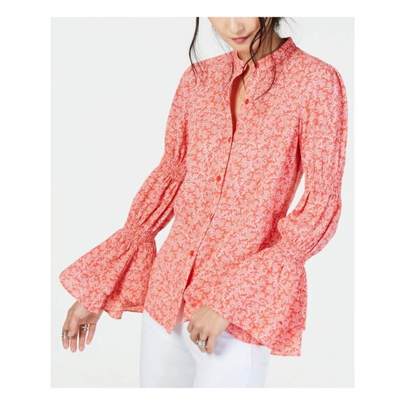 MICHAEL KORS Printed Smocked Bell Sleeve Top, Sea Coral NEW MEDIUM - Picture 1 of 10